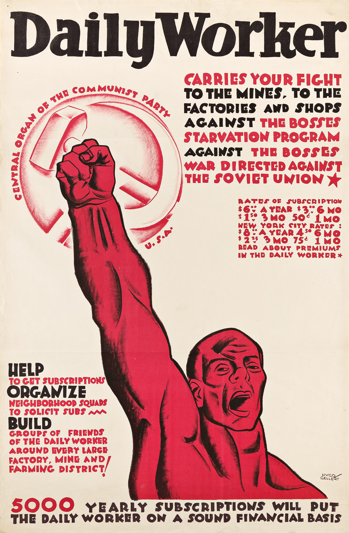 HUGO GELLERT (1892-1985).  DAILY WORKER / COMMUNIST PARTY. Circa 1935. 38¼x25 inches, 97x63½ cm.